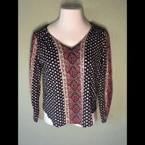 Lucky Brand Navy Blue & Red Patterned Pull Over Blouse L 0202